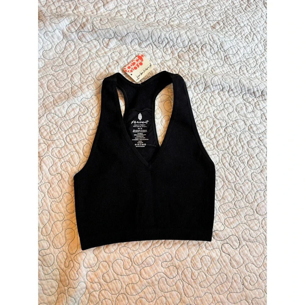 Free People Movement‎ Crop Tank Black Ribbed V-Neck XS